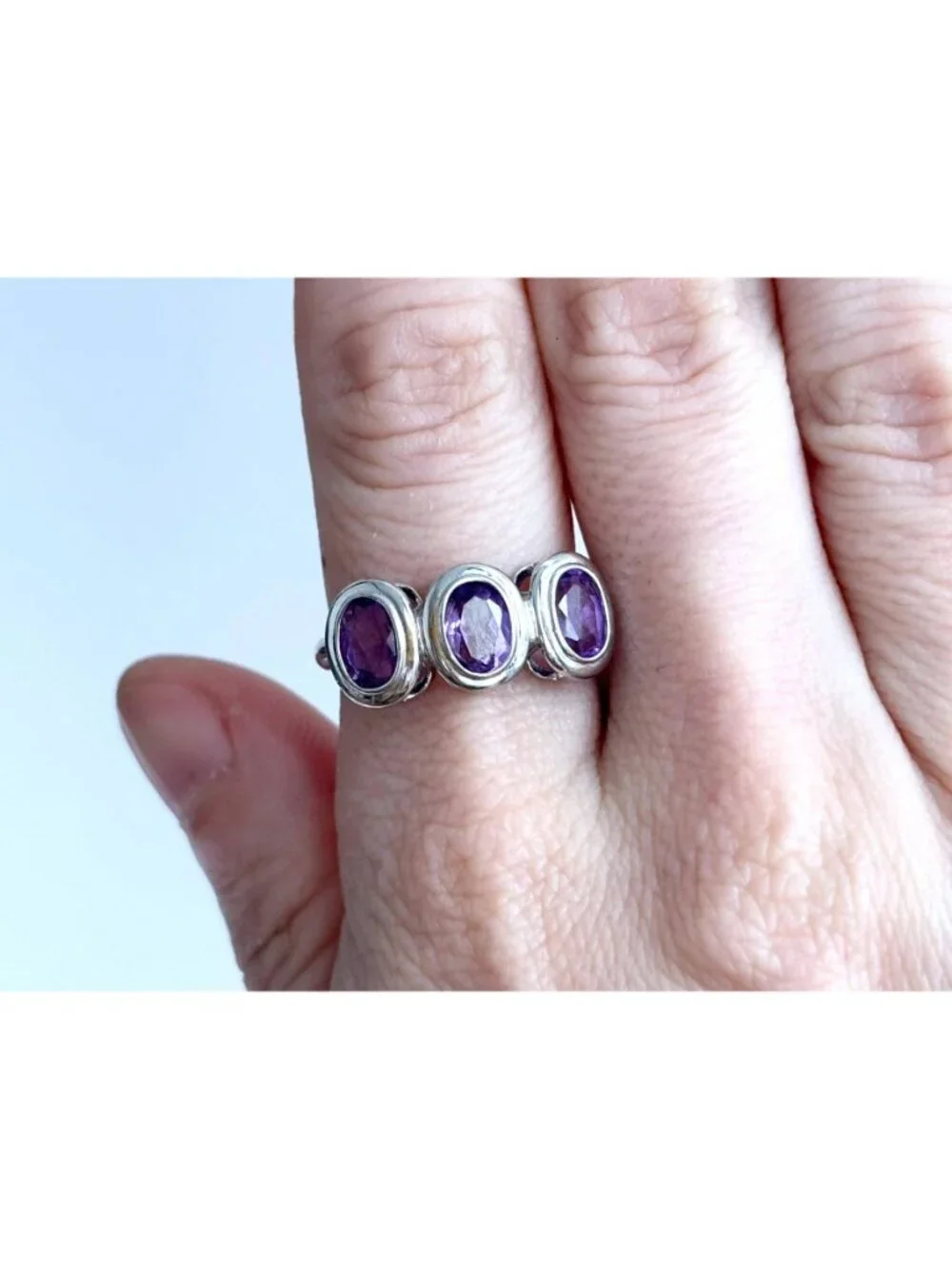 Triple Amethyst Gemstone Minimalist Sterling Silver 925 Vintage Ring - sz 8